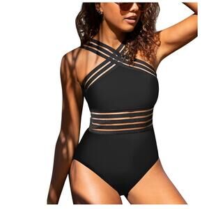 NWT Hilor Womens One Piece Front Crossover Mesh‎ Detail Swimsuit in Black Size M
